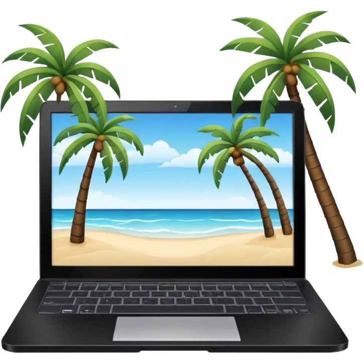 An open laptop on the beach. bildschirm ist schwarz und im hintergrund sind palmen, meer emoji