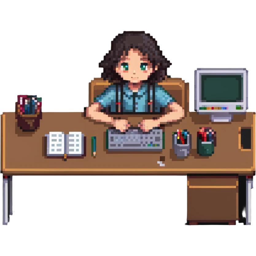 student at a desk with a computer and study materials emoji