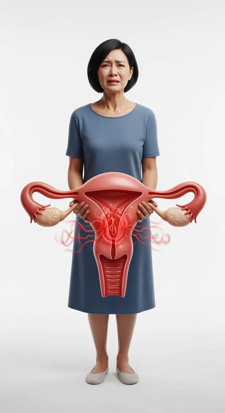 donna a figura intera con utero umano realistico in 3d in evidenza dolorante, espressione di dolore in volto, sfondo bianco, non farla computerizzata, ma iperrealistica 4k emoji