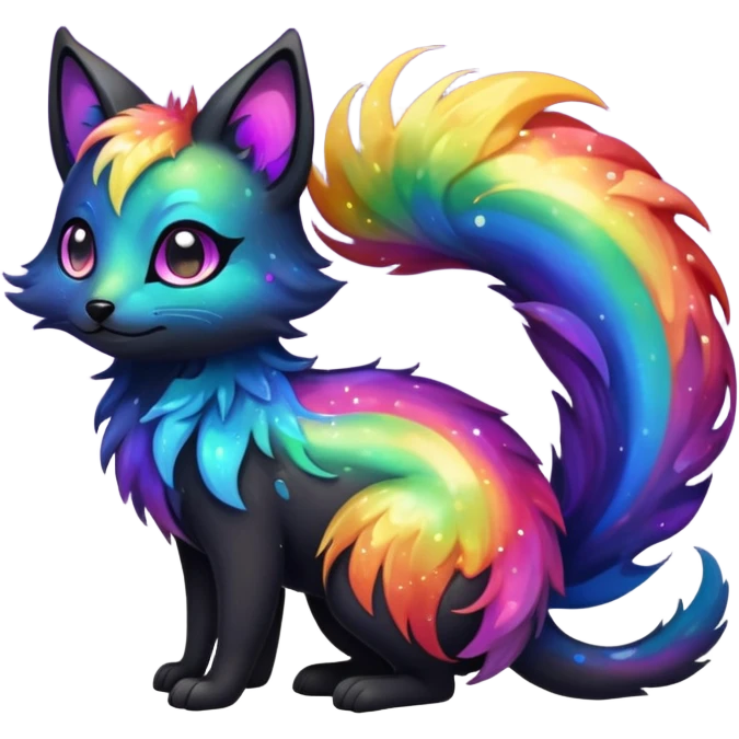 Hyper realistic  tar-black fur drenched in rainbow oil slick like spilled cosmos beautiful elegant pretty precious cute  Fakémon-Pokémon-opossum-feline-serval-caracal-chinchilla-Furret-Minccino-hybrid-creature with a big fluffy bushy tail (full body) emoji