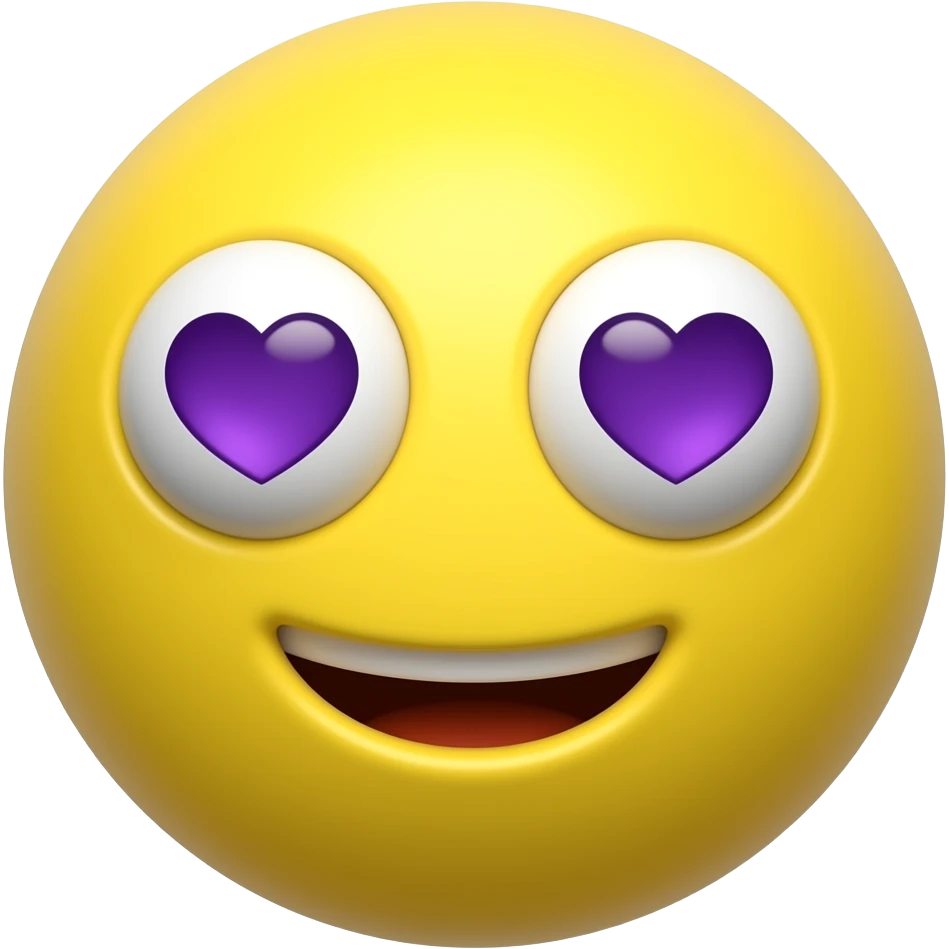 3D Classic  Yellow Round Emoji face with Purple Heart Shaped eyes smiling no nose emoji