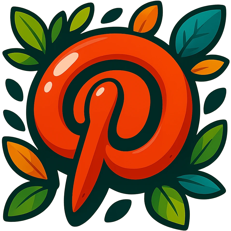 Chunky, soft, and glossy Pinterest logo, cartoon style, bold outline, strong shadows, bright highlights, decorated with colorful leaves, no background. Extra attention to contours and shine, in the style of the reference image. emoji