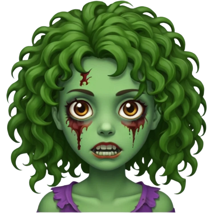 Faça uma garota zombie de cabelo cacheado castanho, olhos castanhos escuro e pele verde d zombie, com o cabelo grande emoji