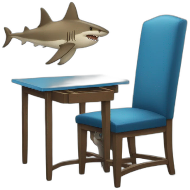 a shark sitting at a chair with a table and a blue tie emoji