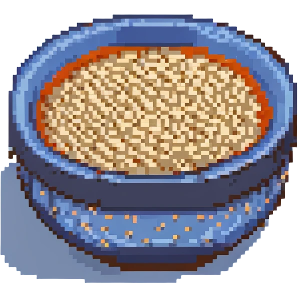 Small ceramic bowl filled with tiny sesame seeds, blue bowl emoji