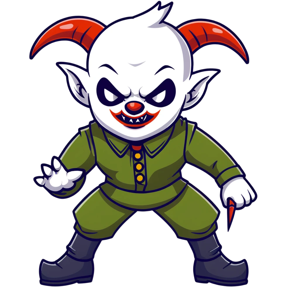 evil clown warrior, bald, short goat-like horns on forehead, fangs, pointed ears, black and military green leisure suit, battle-ready fighting posture emoji