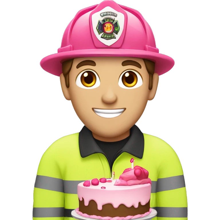 Caucasion male Firefighter with brown hair eating pink birthday cake emoji
