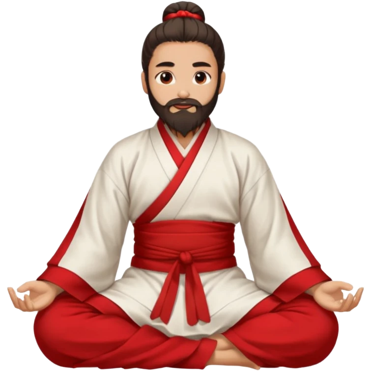Beautiful man with lightly tan skin and dark long beard, long hair in bun, in white and red Hanfu sitting on the ground emoji