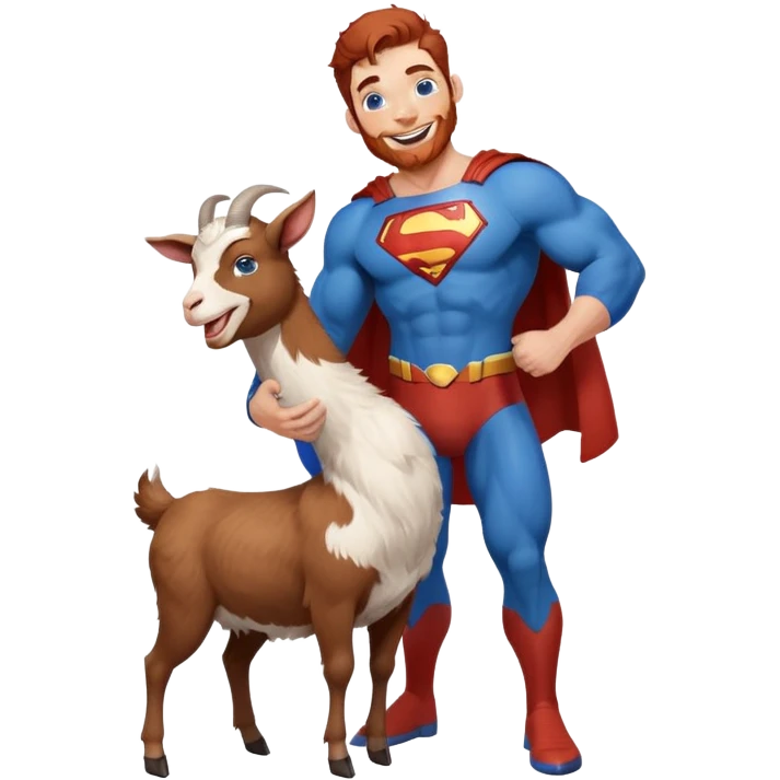 Full body Adult Superman Blue Eyes Scruffy Redish hair and redish trimmed Beard Muscle happy holding a happy laughing goat with blue hair emoji