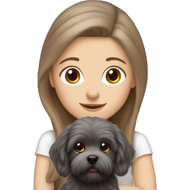 White Girl with brown long straight hair, holding a dark gray maltipoo with a white snout emoji