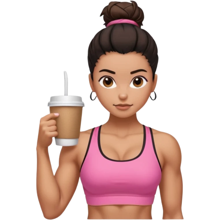 Caramel skinned toned female with a black messy bun for hair. Her eyes are a coffee color brown and almond shaped. She’s wearing a pink sports bra and showing off her flexed muscular toned biceps. emoji