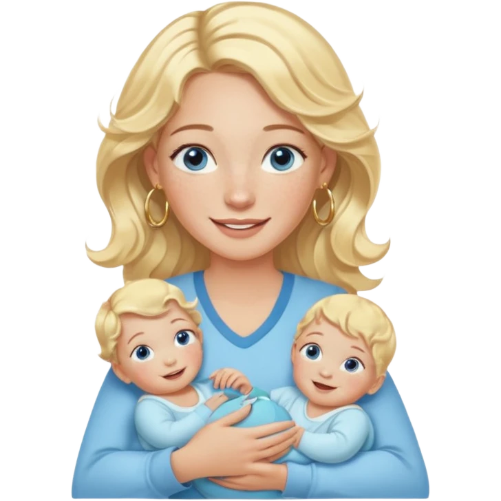 Wavy blonde, white woman with blue eyes, freckles hoop earrings, holding babies smiling and really cute in gold hoops she needs to be holding three newborns, and she needs to be more cute than pretty emoji