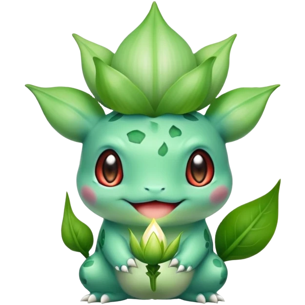Bulbasaur with a green, unopened plant bulb with layered petals, resembling a lily bud on back emoji