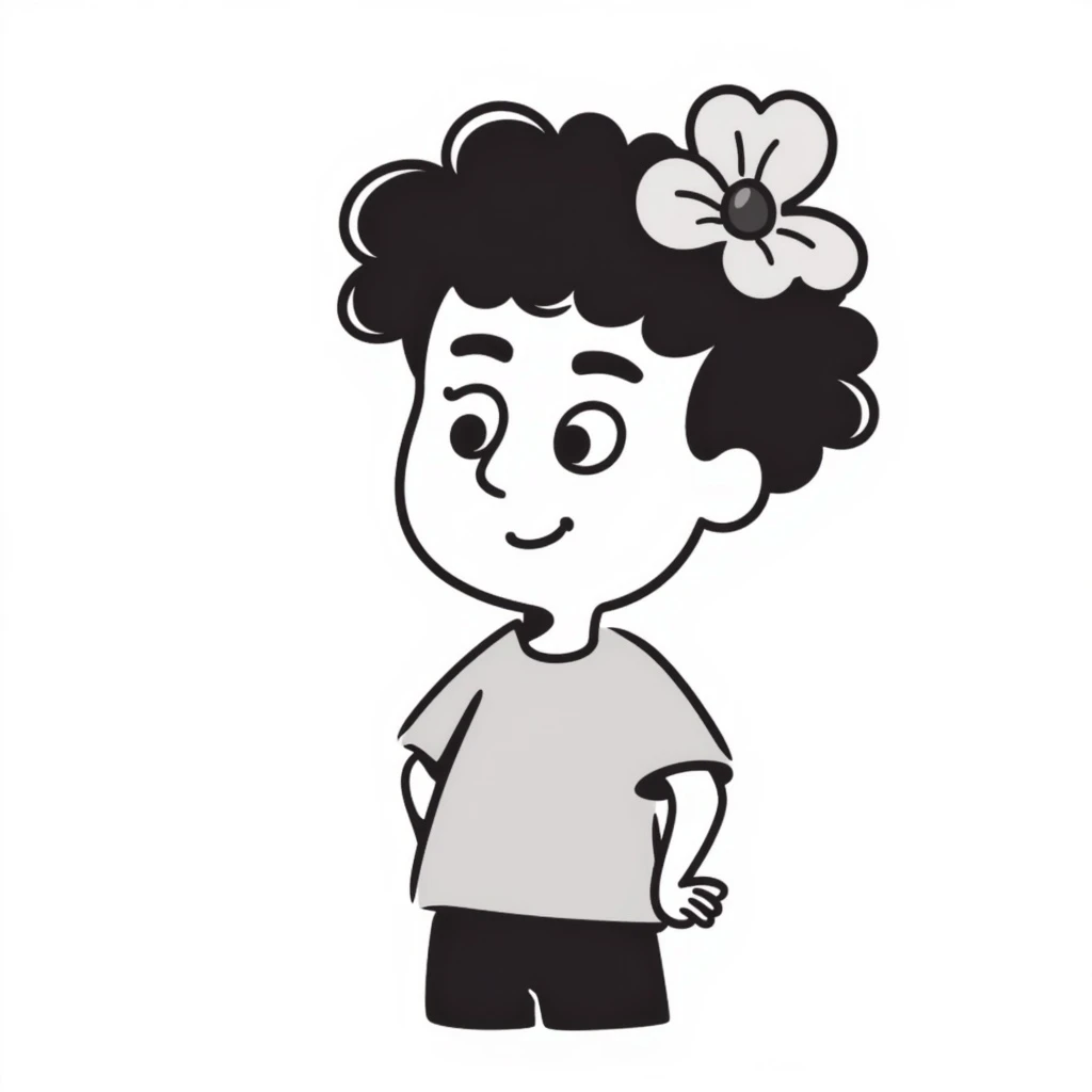 a boy with fluffy, wavy short hair and brown eyes, wearing a light grey t-shirt and a light pink flower on his head, doodle style emoji