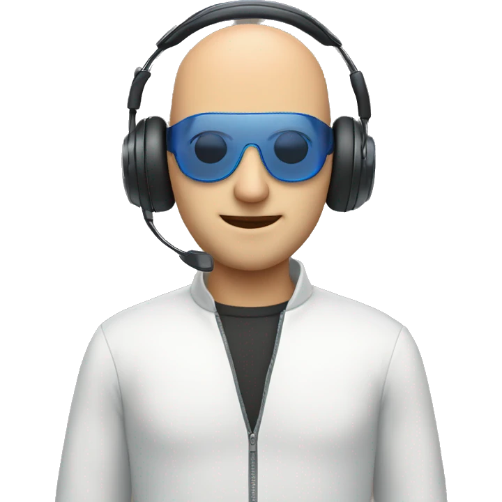 Bald man with a headset and a pc with bue eyes emoji
