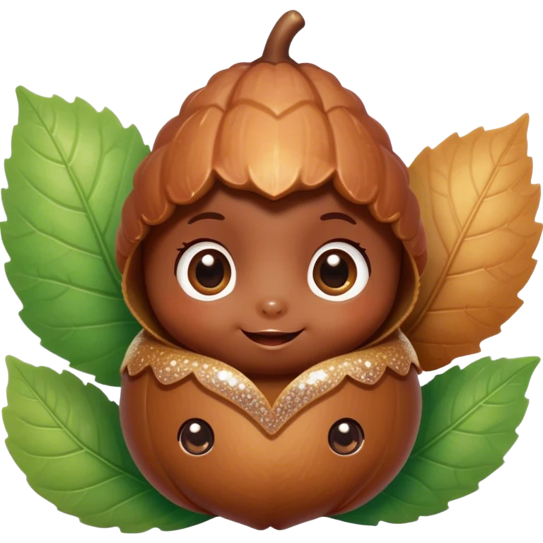 Cinematic tiny happy acorn, glossy brown, soft glowing highlights, tiny adorable face with big sparkly eyes, sitting on a pastel leaf, warm and cheerful. emoji