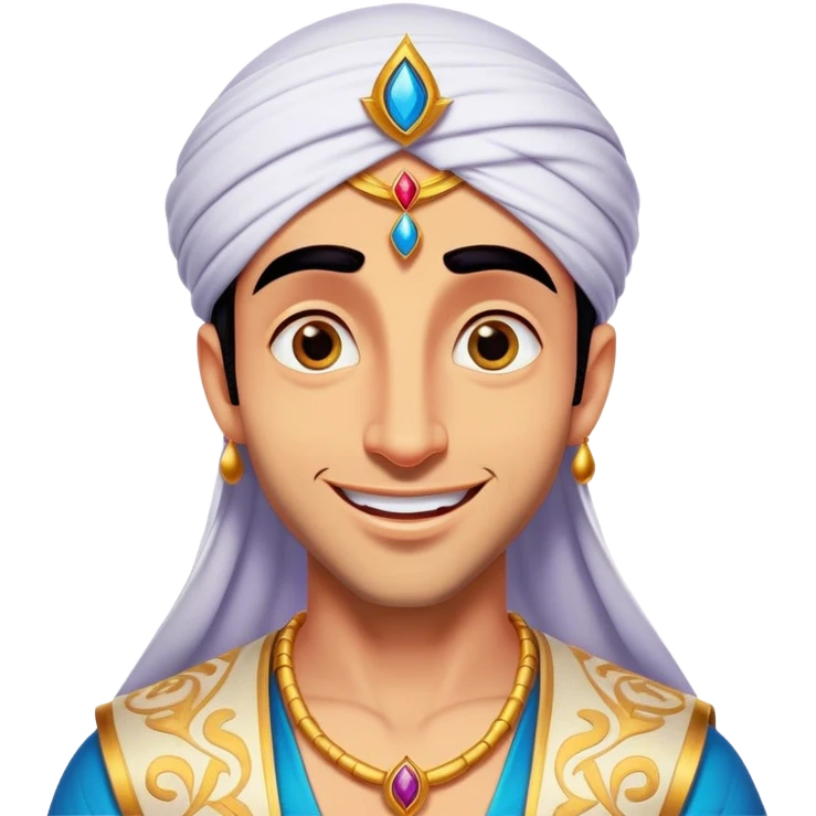 Cinematic Realistic Aladdin Portrait, head tilted dramatically with an exaggeratedly amused expression, featuring vibrant eyes and a slight, roguish grin. His detailed attire and subtle magical accents are brought to life with dynamic lighting and vivid textures, capturing a rare, playful burst of humor from a daring street-wise adventurer. emoji