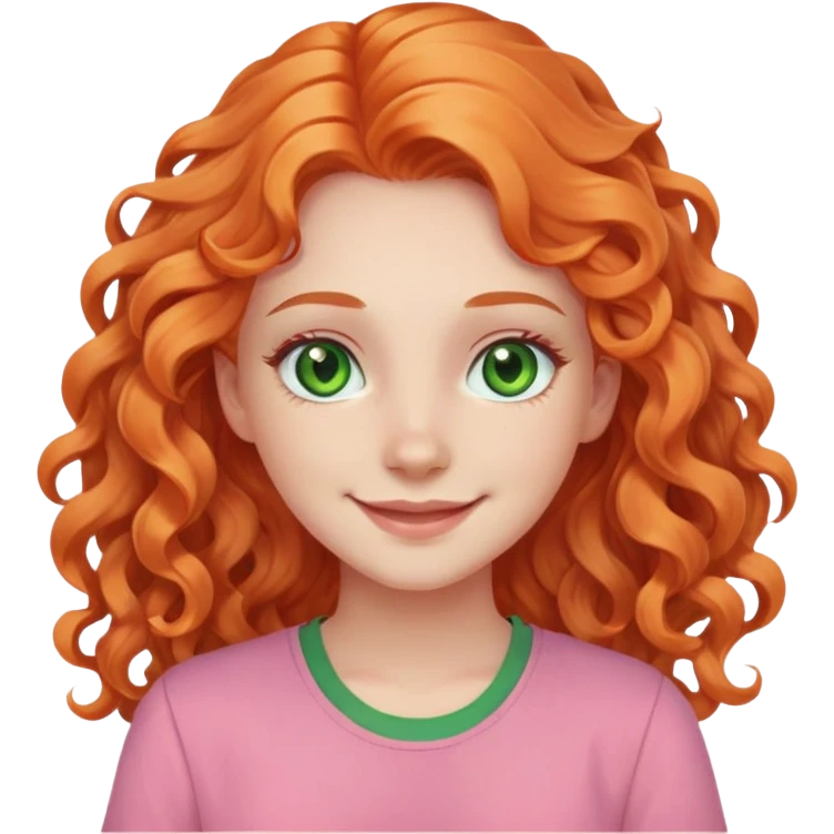 smiling pale girl with long curly orange hair, green eyes, pink shirt emoji