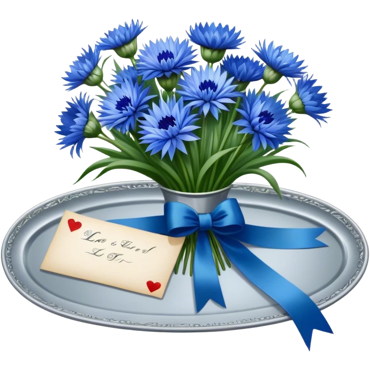A beautifully ornate silver tray holding a bouquet of soft blue cornflowers and a love letter tied with a deep green ribbon. emoji