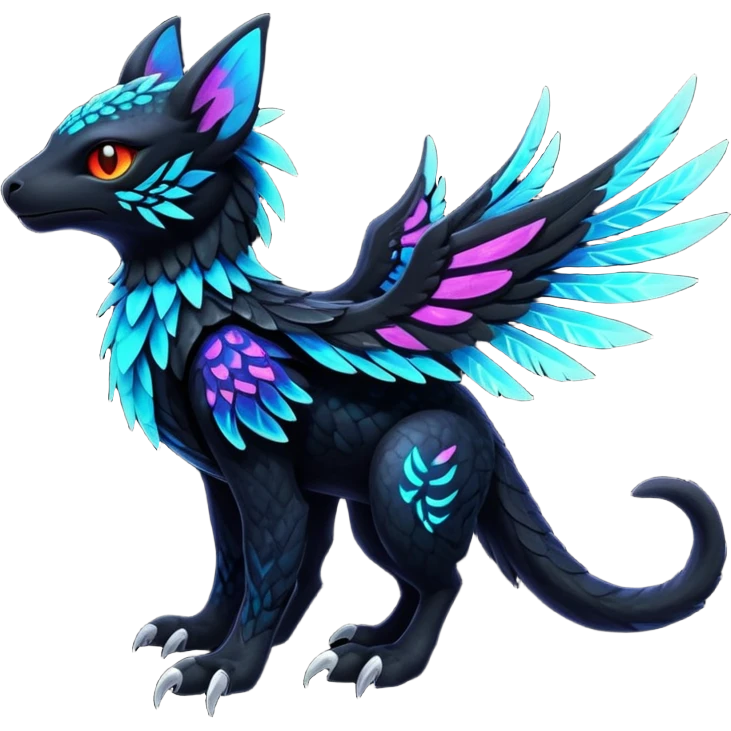 Black Dark Exotic Tropical Beaked Feathery Nocturnal Neon-glowing Abyssal Nightly Abyss-Cat-Gryphon-Salandit-Silvally-akémon Creature (full body) emoji