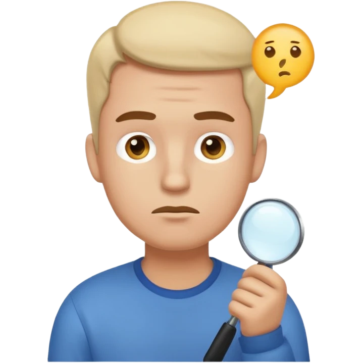 Realistic emoji-style man in simple everyday clothes, looking thoughtful and analytical. A thought bubble above his head shows a critical-thinking icon (question mark + magnifying glass). Soft lighting, expressive critical facial expression. emoji