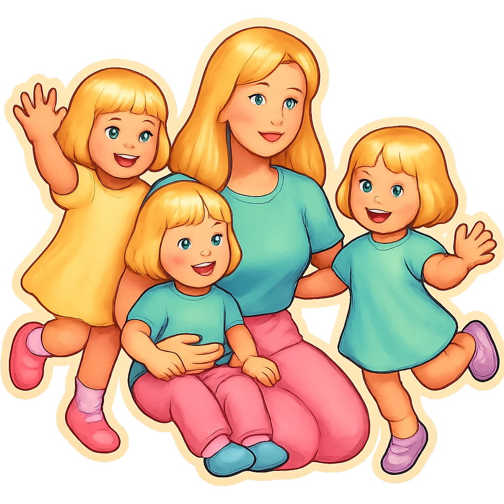 mom with long light hair and two twin girls with short light hair, all in pastel clothes, retro stickers style, soft highlights, photo inspired, different poses emoji