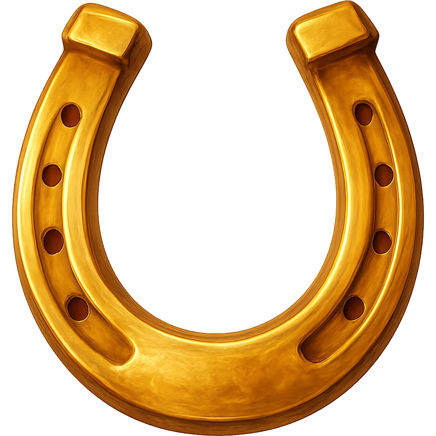 В cлегка рисованной, но при этом объемной и яркой стилистике сгенерируй картинку фотореалистичный золотой подковы, прозрачный фон emoji