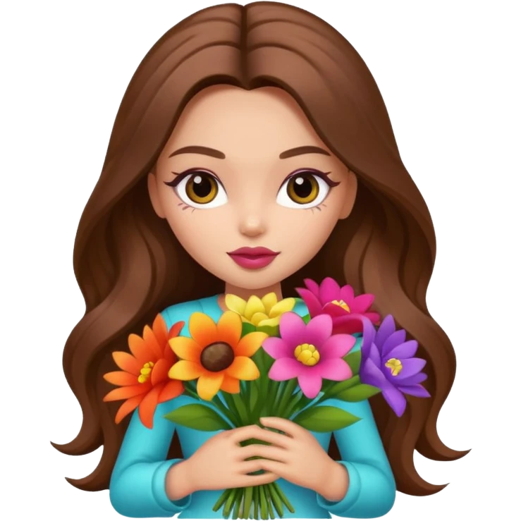 stylish pretty bratz baddie, long brown hair holding big bouet of flowers  emoji