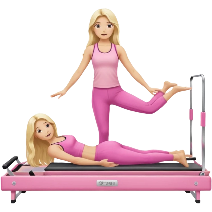 long haired blonde pilates instructor teaching reformer in pink set white reformer bed emoji
