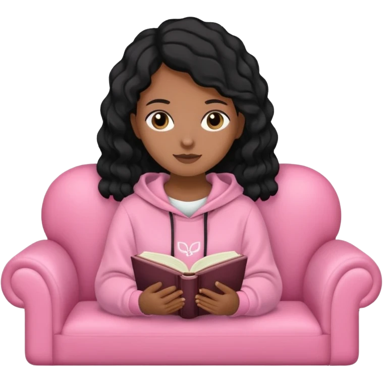Una chica linda de cabello negro con ondas hasta los hombros de piel blanca con una sudadera rosa en un sofá cómodo y hermoso leyendo la biblia emoji