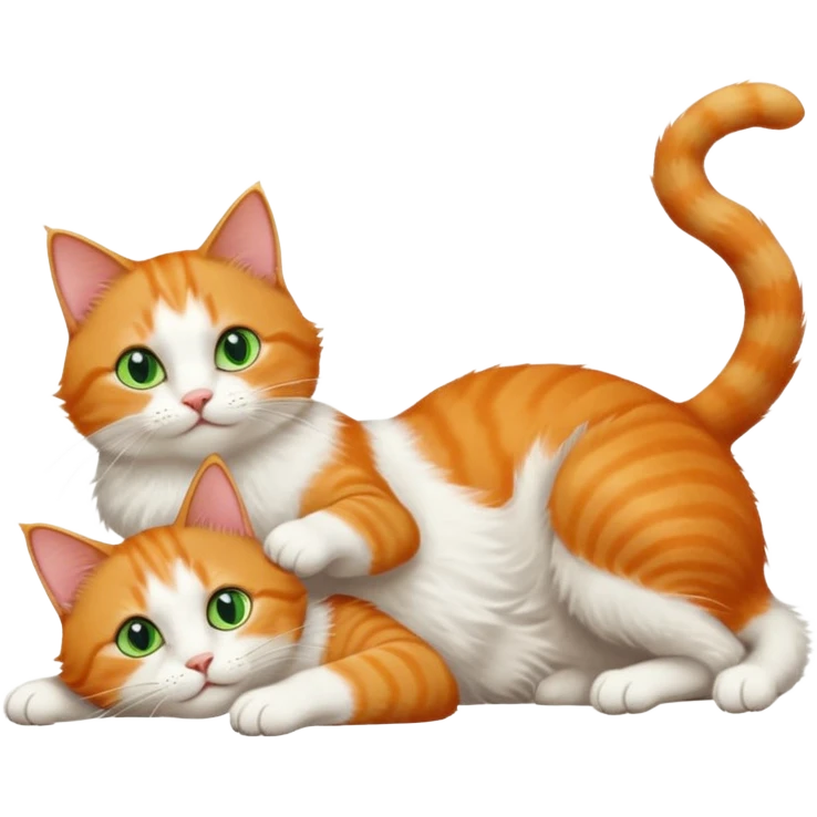 ginger and white cat with green eyes doing a big extremely long stretch reaching up into the air with arms and legs side by side together straight and overextended whilst lying on its side emoji