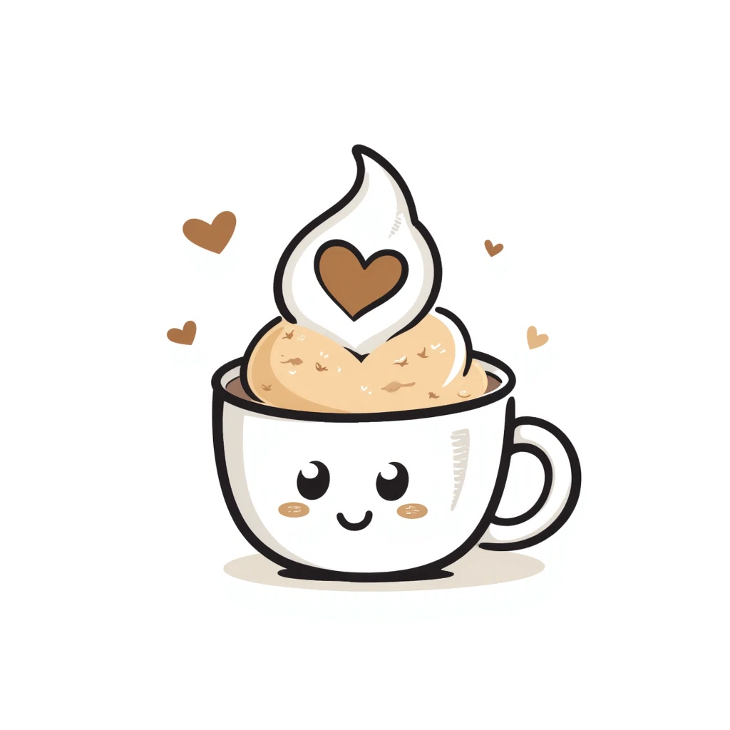 latte with heart foam and a cute face, caramel beige and coffee brown, dreamy hand-drawn Japanese style emoji