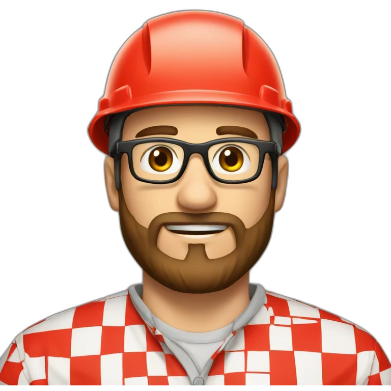 brown hair beard glasses hardhat shirt with red squares emoji