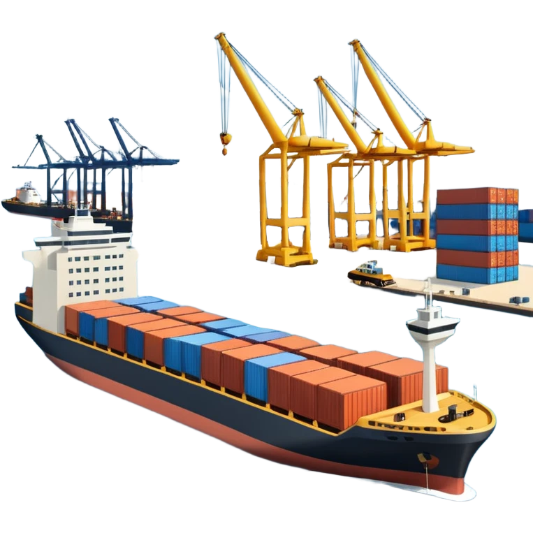 A 3D cartoon cargo or passenger seaport terminal with cranes and ships docked, calm lighting, Memoji-style realism. emoji