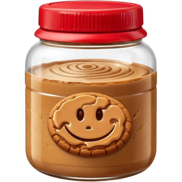 small transparent jar filled with thick caramel-brown cookie butter, swirled glossy surface, rich smooth texture, simple red or beige lid slightly open, no label or branding, soft lighting, subtle shadows, emoji scale emoji