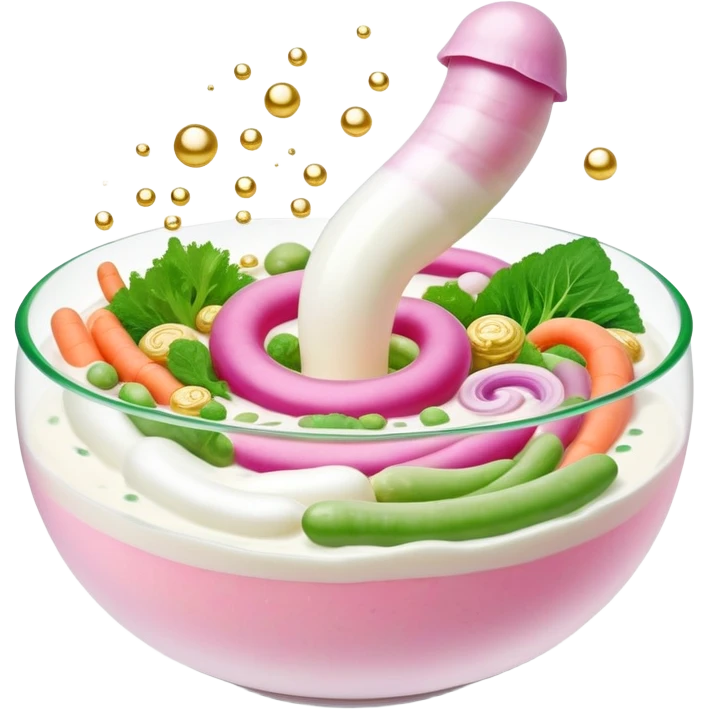 Ethereal bowl of bright white yogurt, translucent fermented vegetables, and golden bubbles gently floating around a luminous spiral intestine, vibrating in green and pink tones of balance and life. The scene shows probiotic foods connecting with and nourishing a glowing digestive system. emoji