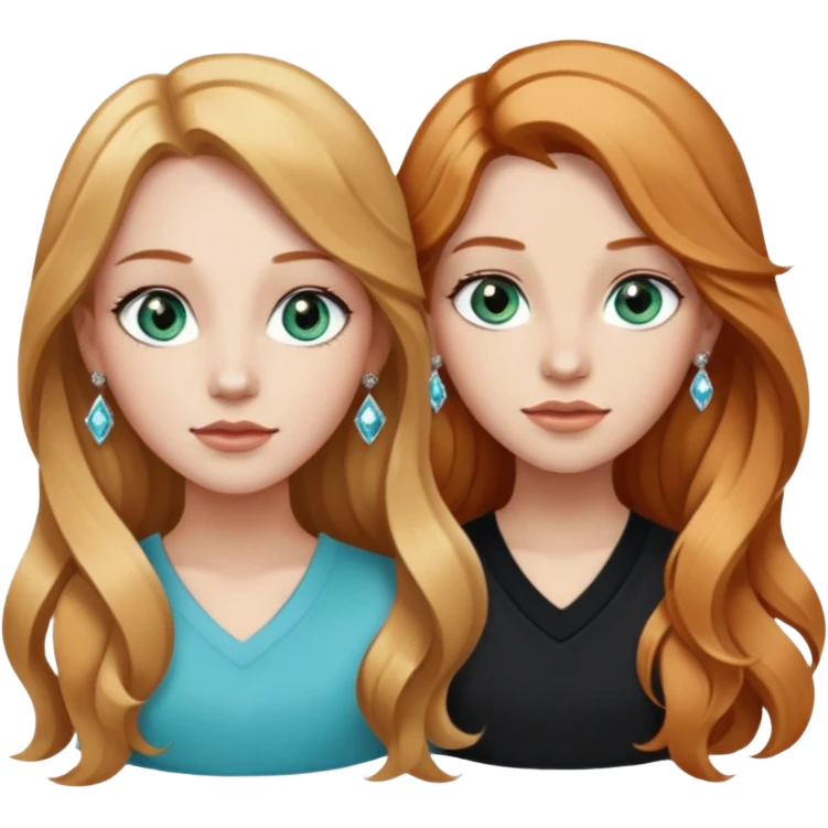 two girls top halfs, one with long wavy strawberry blonde hair and greenish blue eyes, white diamond earrings and wearing white, the other with straight black long hair, brown eyes, silver earrings and wearing black emoji