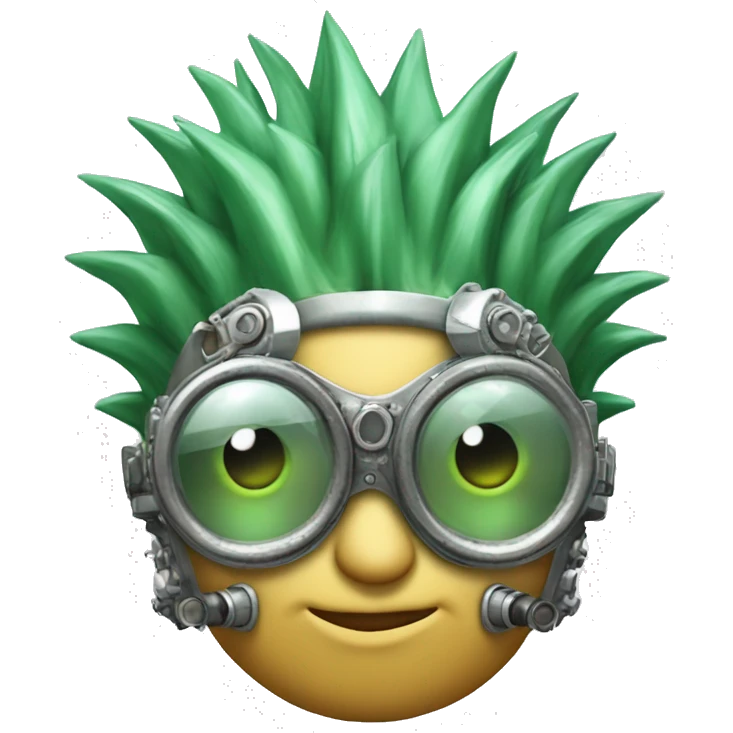 Light green Mohawk cyborg head with silver steampunk goggles emoji