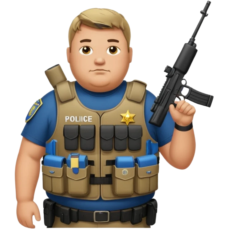 A fat police man with who is retarded, with a armor vest that has a name tape that says Keller and an m4 rifle emoji