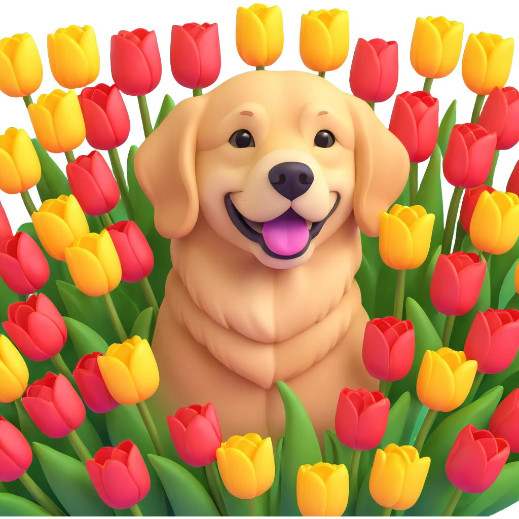 golden retriever surrounded by tulips emoji