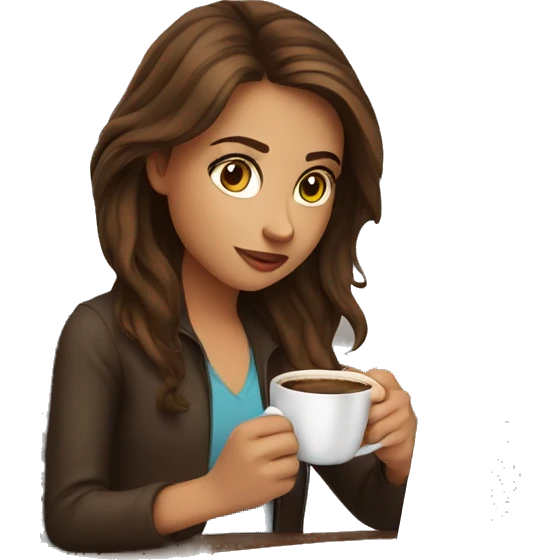 Brown haired girl drinking coffee in front of laptop emoji
