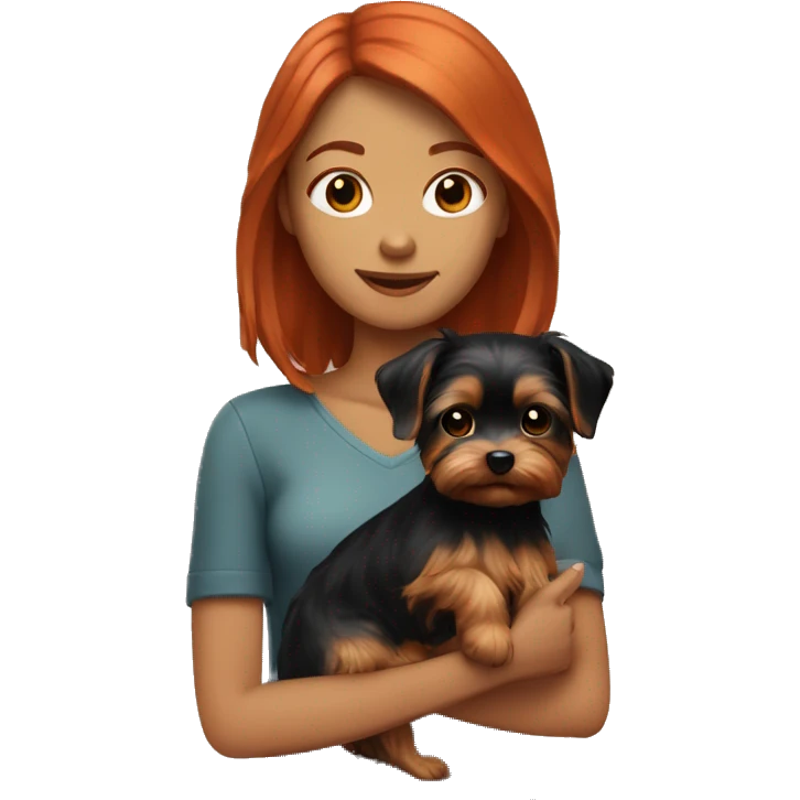 a girl with shoulder-length red hair holds a black-golden Yorkie in her arms emoji