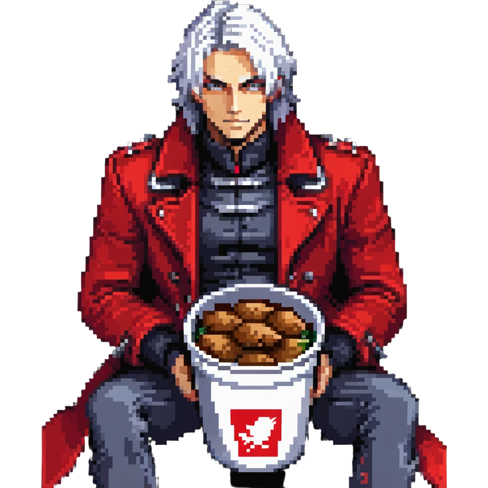 Dante from Devil May Cry sitting in a KFC bucket, red coat, white hair, rebellion sword emoji