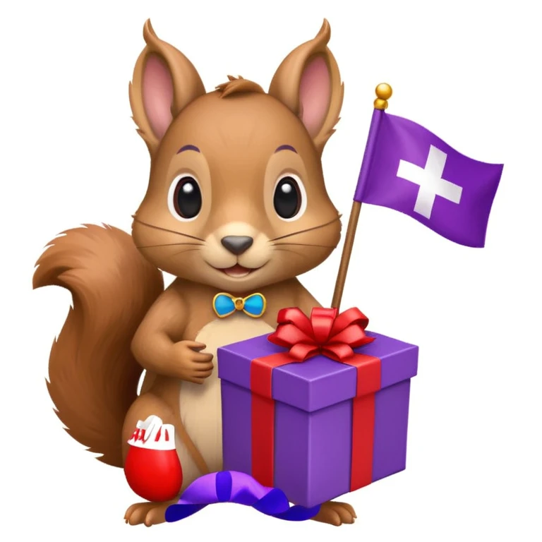 a squirrel holding a purple gift box in one hand and a red Swiss flag in the other, both objects clearly visible, simple white background, the gift is a different color from the flag emoji