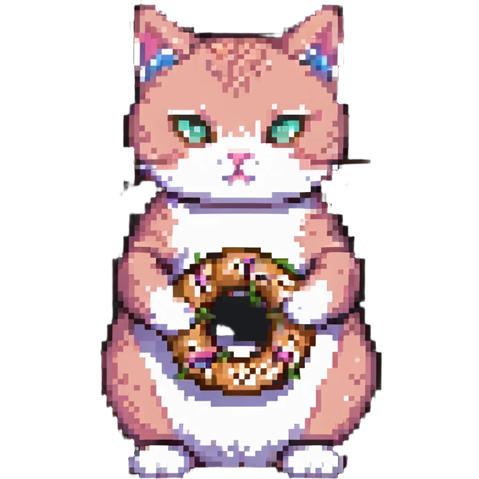 pink cat eating simit, pixel art style emoji