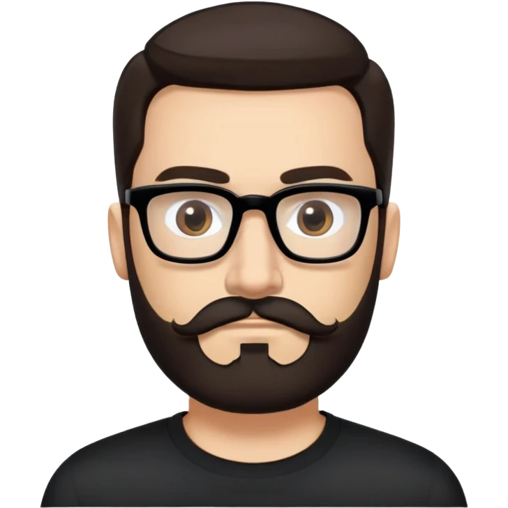Caucasian male, medium long-length hair straight dark brown hair combed back, thick dark eyebrows, rectangular black eyeglasses, full beard and mustache neatly groomed, neutral facial expression, wearing a black crew neck shirt. emoji