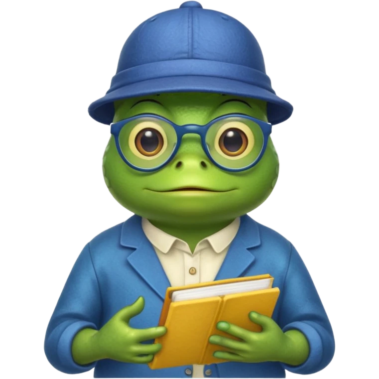 frog wearing yellow hat with glasses and blue book emoji