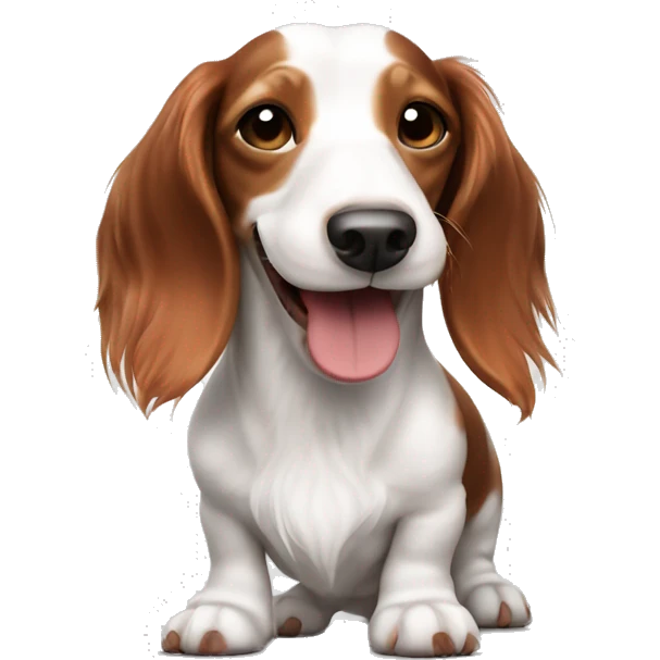 Long haired white and red piebald dachshund smiling whole body emoji