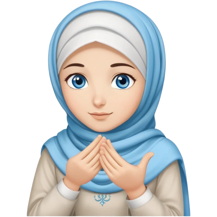 Turkish beautiful finish Konya girl blue eyes with cloudy hijab dress islamic dress and had on her hand text Eid Mubarak  emoji