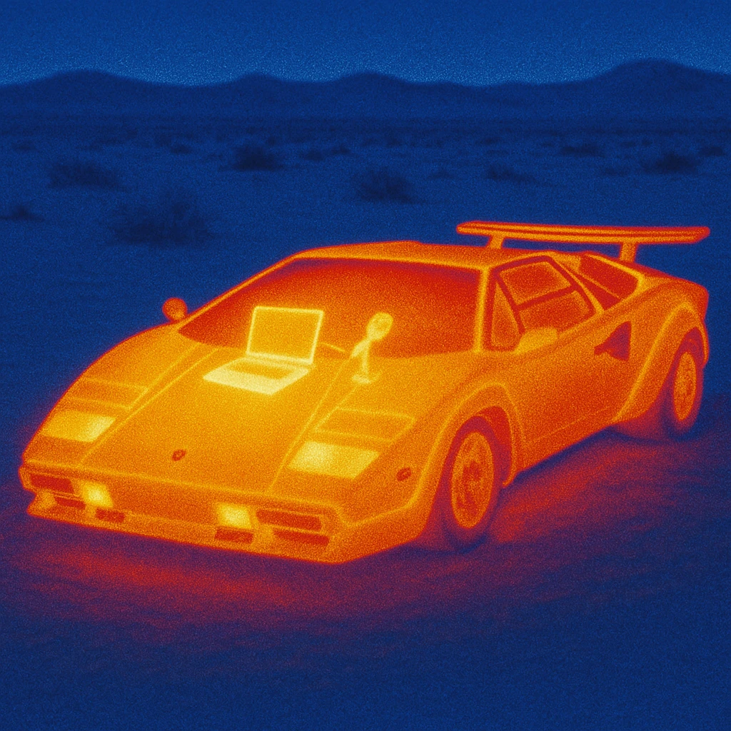 Lamborghini Countach with a laptop and a microphone for recording on the hood in a desert background emoji